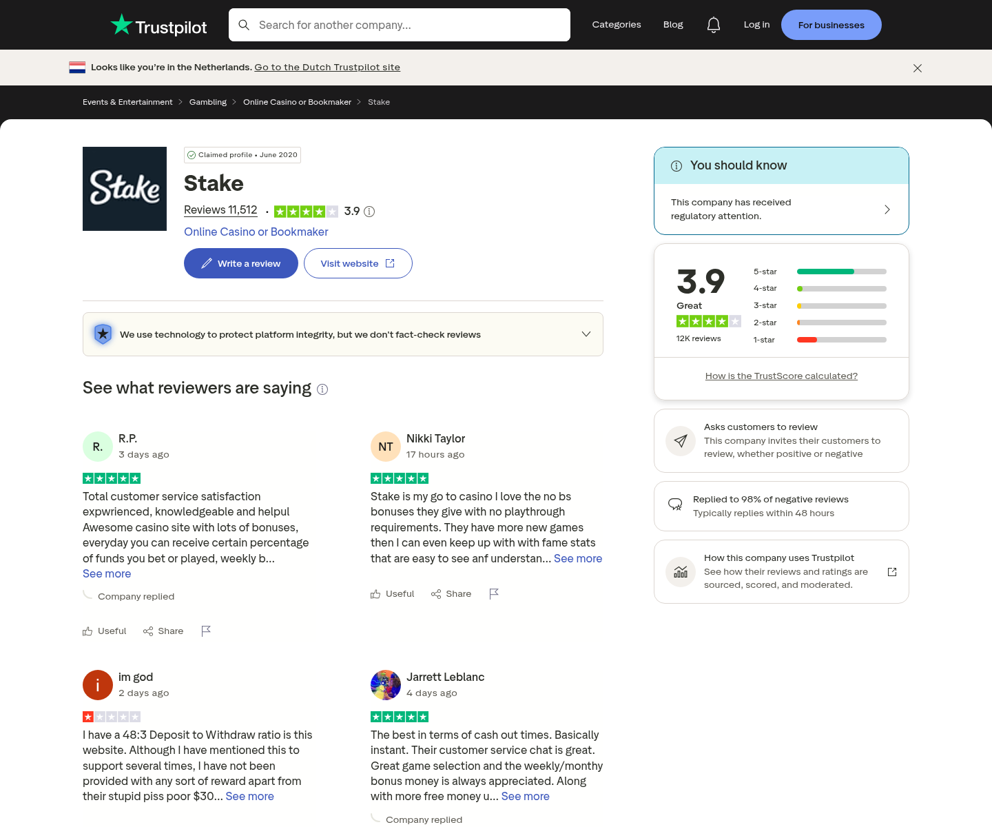 Stakeに関する利用者投稿プラットフォームの表示