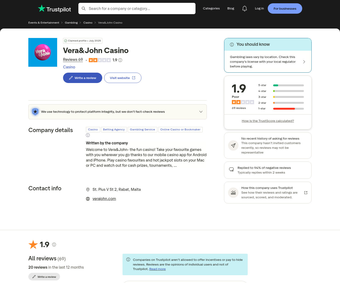 Vera John Casino (JP)に関する利用者投稿表示の提供キャプチャー